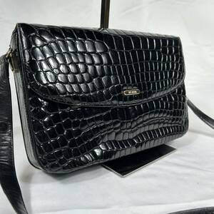 【最高級】THE CROCO シャイニングクロコ　シャイニークロコ　リアルレザー　ショルダーバッグ　ワニ革　ブラック　黒　ロゴ金具