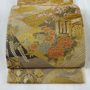 袋帯 美品 秀品 御所車 草花 金糸 箔 金色 六通 正絹 【中古】