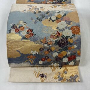 袋帯 秀品 鴛鴦 草花 刺繍 箔 ベージュ 六通 正絹 【中古】