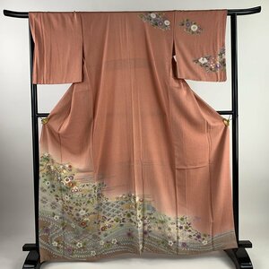 訪問着 身丈164cm 裄丈64.5cm M 袷 御所車 草花 金糸 金彩 ピンク 正絹 秀品 【中古】