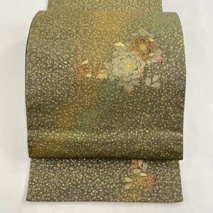 袋帯 美品 名品 花 幾何学 金彩 茶緑色 お太鼓柄 正絹 【中古】