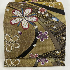 袋帯 美品 秀品 桜 花びら 唐織 金銀糸 金色 六通 正絹 【中古】