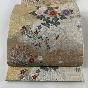 袋帯 美品 秀品 草花 鶴 金糸 箔 金色 六通 正絹 【中古】