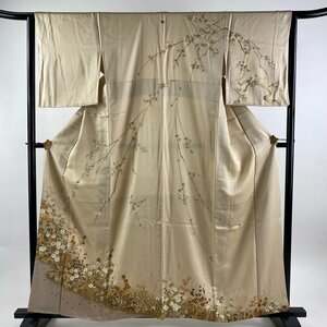 訪問着 身丈161cm 裄丈63.5cm S 袷 秋草 枝垂れ桜 金彩 ベージュ 正絹 秀品 一つ紋 【中古】