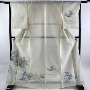 付下げ 身丈168cm 裄丈65.5cm M 薄物 夏紬地 家屋 松竹梅 クリーム 正絹 秀品 【中古】