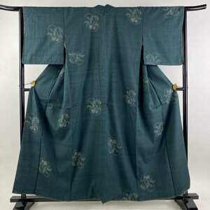 結城紬 身丈160cm 裄丈64cm M 袷 本場結城紬 証紙 かぶ 深緑 正絹 美品 逸品 【中古】