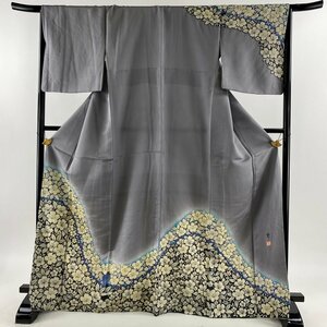 訪問着 身丈169cm 裄丈66cm M 袷 落款 草花 銀通し 絞り 灰紫 正絹 秀品 【中古】