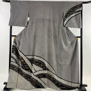 訪問着 身丈164.5cm 裄丈67.5cm L 袷 鈴乃屋 扇面 松梅 絞り 刺繍 黒 正絹 美品 名品 【中古】