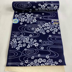 反物 優品 浴衣 草花 流水 濃紺 綿 【中古】