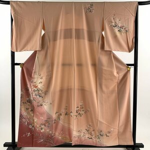 訪問着 身丈158cm 裄丈67.5cm L 袷 枝花 波 金銀彩 ぼかし ピンク 正絹 秀品 【中古】