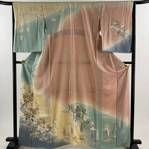 訪問着 身丈164.5cm 裄丈66cm M 袷 菊 花びら 金糸 金彩 薄緑 正絹 秀品 【中古】