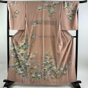 訪問着 身丈161cm 裄丈67.5cm L 袷 落款 枝花 ピンク 正絹 名品 【中古】