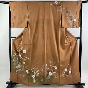 訪問着 身丈159.5cm 裄丈66cm M 袷 菊 霞 金彩 刺繍 赤茶 正絹 秀品 【中古】