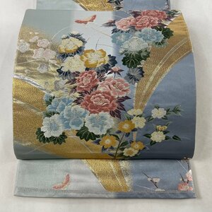 袋帯 美品 秀品 草花 蝶 唐織 箔 青灰色 六通 正絹 【中古】