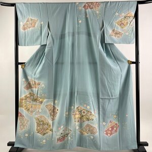 訪問着 身丈163.5cm 裄丈65.5cm M 袷 落款 花唐草 金彩 ぼかし 薄緑 正絹 名品 【中古】