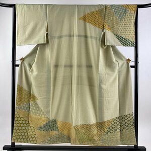 訪問着 身丈153.5cm 裄丈66cm M 袷 青海波 花菱 抹茶色 正絹 優品 【中古】