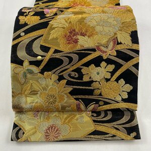 袋帯 美品 秀品 桜 蝶 金銀糸 箔 黒 六通 正絹 【中古】