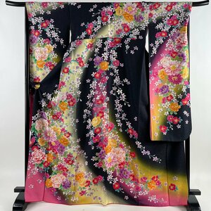 振袖 身丈168cm 裄丈68.5cm L 袷 牡丹 草花 銀通し 黒 正絹 美品 逸品 【中古】