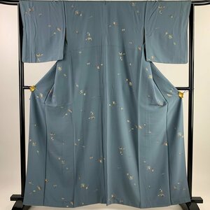 小紋 身丈162.5cm 裄丈65cm M 袷 玩具 こま 金彩 青灰色 正絹 秀品 【中古】