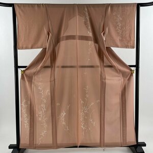 付下げ 身丈162cm 裄丈65cm M 薄物 絽 草花 ピンクベージュ 正絹 秀品 【中古】