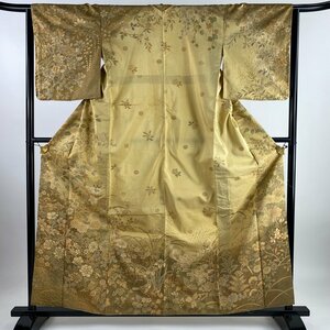 訪問着 身丈160cm 裄丈64.5cm M 袷 紬地 草花 鳥 金彩 絞り 薄茶色 正絹 秀品 【中古】