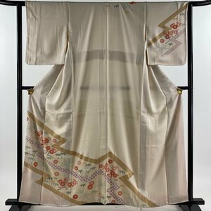 訪問着 身丈159cm 裄丈63cm S 袷 松竹梅 金糸 金彩 ピンクベージュ 正絹 秀品 一つ紋 【中古】