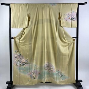 訪問着 身丈160.5cm 裄丈66cm M 袷 草花 刺繍 ぼかし 薄黄 正絹 秀品 【中古】