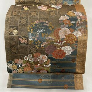 袋帯 美品 秀品 花丸文 蝶 金糸 箔 灰茶 お太鼓柄 正絹 【中古】