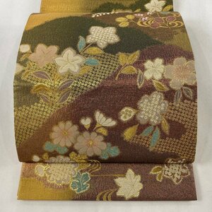 袋帯 美品 秀品 草花 流水 箔 金糸 灰紫 お太鼓柄 正絹 【中古】