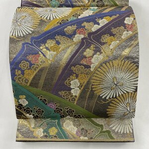 袋帯 美品 秀品 落款 虹色浪漫 松竹梅 金糸 箔 黒灰 六通 正絹 【中古】