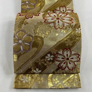 袋帯 秀品 キラキラ 振袖向け 梅 桜 金糸 箔 金色 六通 正絹 【中古】