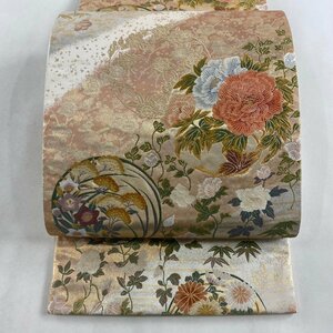 袋帯 美品 秀品 花丸文 牡丹 箔 唐織 ピンクベージュ 六通 正絹 【中古】