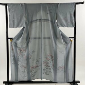 訪問着 身丈155.5cm 裄丈65cm M 紗絽袷 菊 葉柄 青灰色 正絹 秀品 【中古】