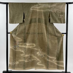 訪問着 身丈152cm 裄丈61cm S 単衣 草花 霞 茶緑色 正絹 美品 秀品 【中古】