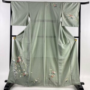 訪問着 身丈165cm 裄丈66cm L 袷 枝花 草花 ぼかし 薄緑 正絹 秀品 【中古】