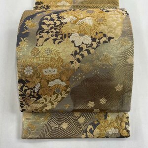 袋帯 美品 秀品 鳥 草花 箔 金糸 金色 六通 正絹 【中古】