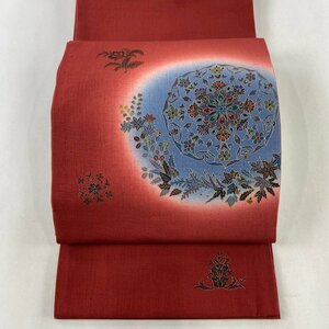 袋帯 美品 秀品 華文 草花 金彩 染め分け 赤 お太鼓柄 正絹 【中古】