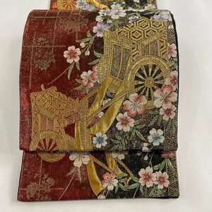 袋帯 美品 秀品 御所車 桜 金糸 箔 赤黒 六通 正絹 【中古】