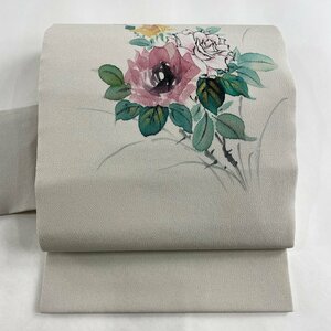 名古屋帯 美品 秀品 落款 薔薇 金彩 縮緬 灰色 正絹 【中古】