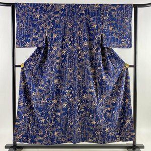 小紋 身丈156.5cm 裄丈63cm S 袷 草花 鳥 紺色 正絹 美品 優品 【中古】