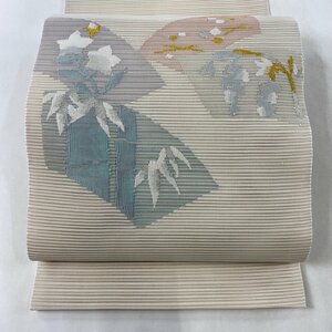 名古屋帯 美品 秀品 松葉仕立て 八寸名古屋帯 夏帯 絽 鈴乃屋 扇面 草花 金銀糸 クリーム 正絹 【中古】