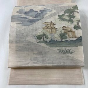 袋帯 秀品 夏帯 絽 建物 樹木 ラメ箔 ベージュ お太鼓柄 正絹 【中古】