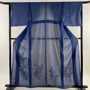 付下げ 身丈158.5cm 裄丈65.5cm M 紗絽袷 草花 藍色 正絹 名品 【中古】