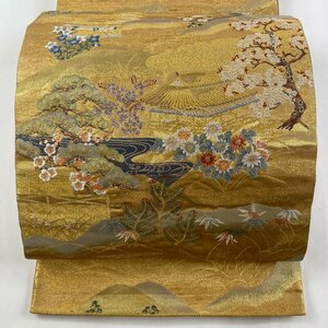 袋帯 美品 名品 落款 瀞金錦 長嶋成織物 小倉山の里 本金箔 金糸 金色 六通 正絹 【中古】