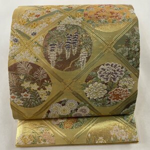 袋帯 美品 秀品 格天井 草花 箔 金銀糸 金色 六通 正絹 【中古】