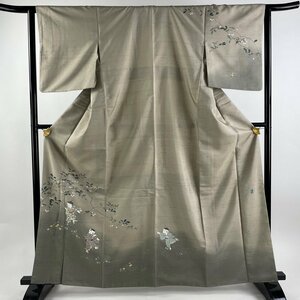 付下げ 身丈163cm 裄丈63.5cm S 袷 紬地 落款 童 枝花 ぼかし 灰茶 正絹 美品 名品 【中古】