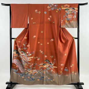 訪問着 身丈159.5cm 裄丈63cm S 袷 扇 松梅 赤茶 正絹 美品 名品 【中古】