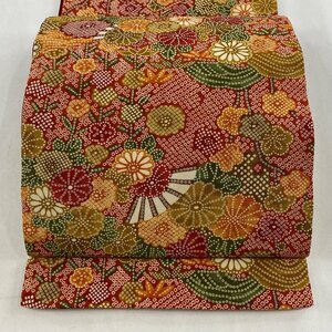 袋名古屋帯 美品 優品 扇 菊 朱色 正絹 【中古】