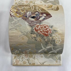 袋帯 美品 秀品 花鳥 扇面 金銀糸 箔 灰白 六通 正絹 【中古】