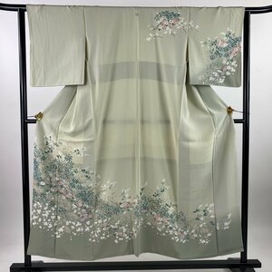 訪問着 身丈152.5cm 裄丈63cm S 袷 若松 菊 ぼかし 灰緑 正絹 秀品 一つ紋 【中古】